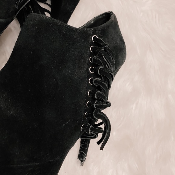 BEBE Black Suede Platform Fringe Ankle Booties 8 - Picture 4 of 16